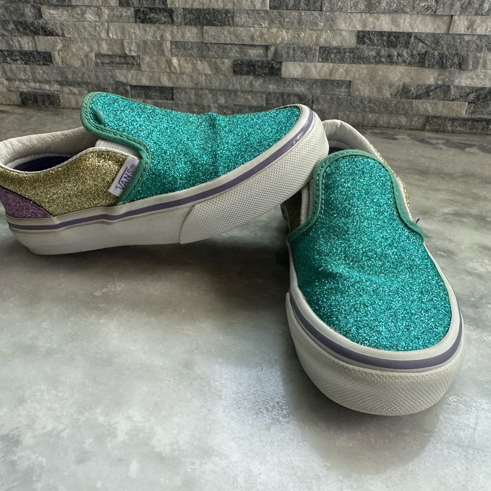 Vans Kids Glitter Slip-On Sneakers - Teal, Gold, and Purple 11c